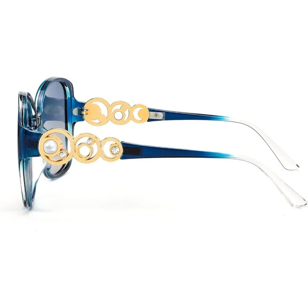 Women's Fashion Square Sunglasses Blue Frame Pearl Sparkling Eyes Protection